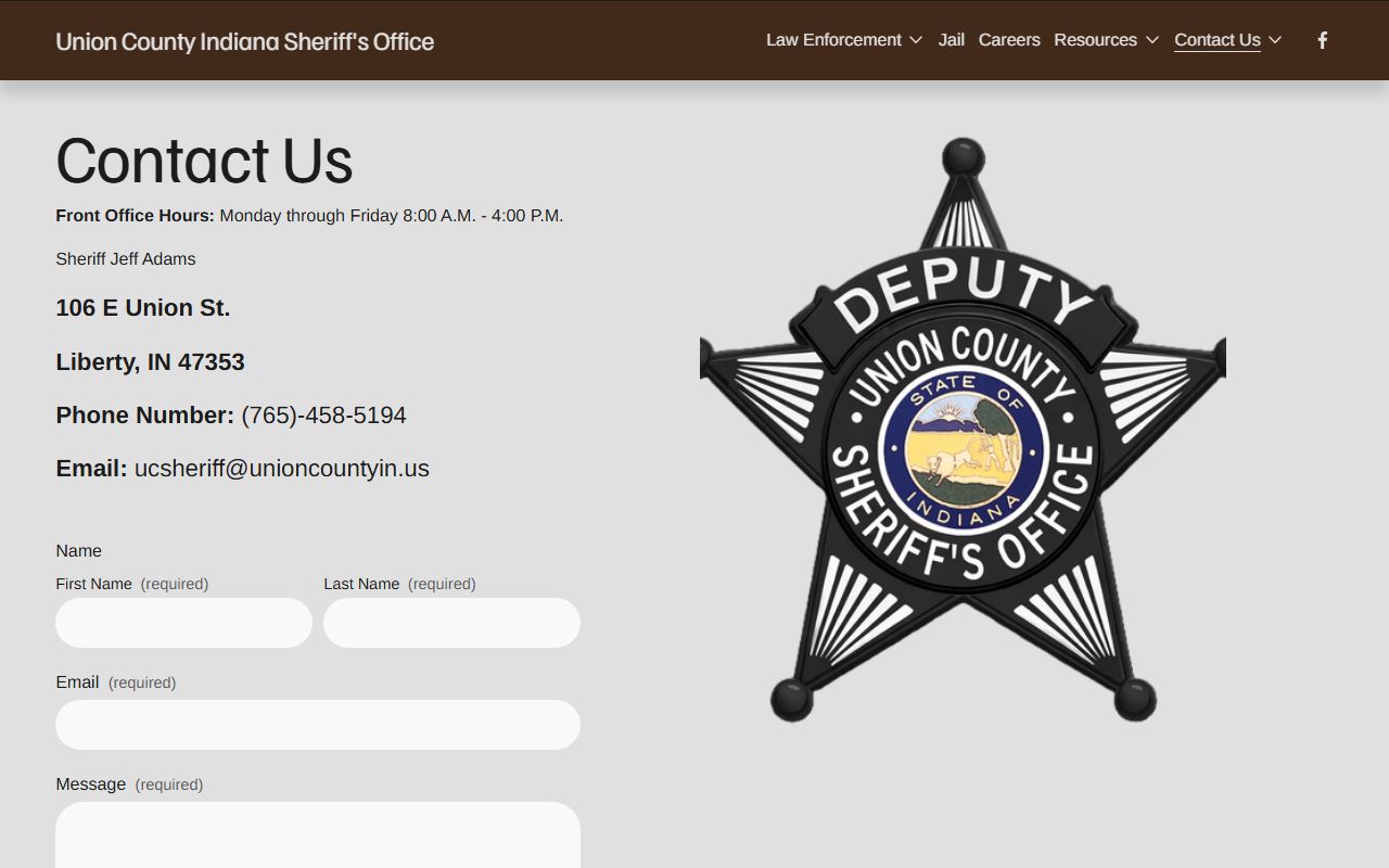 Union County Sheriff contact page for Union County Jail records and custody questions